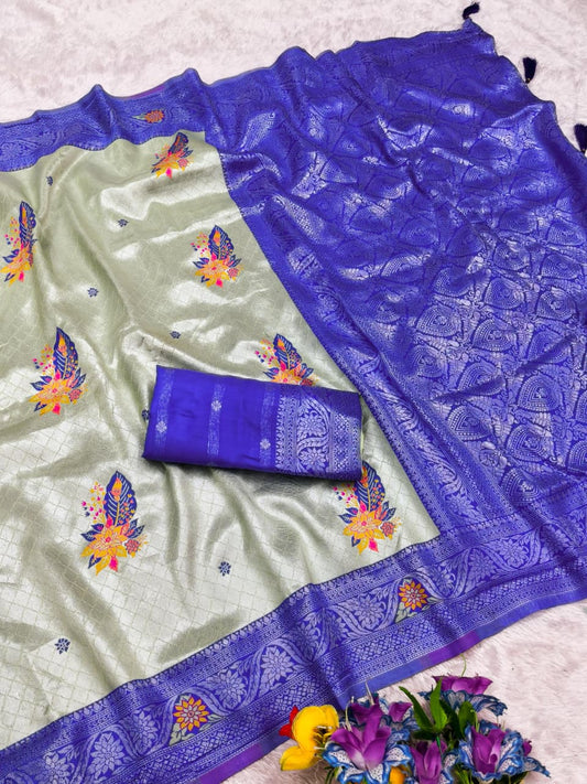 AJ-MAGNUS SOFT SILK SAREE WITH UNIQUE BUTTA MULTI THREAD DIGITAL TYPE WEAVING DESIGN IN BODY AND CONTRAST WITH SILVER JAREE AND BUTTI BLOUSE