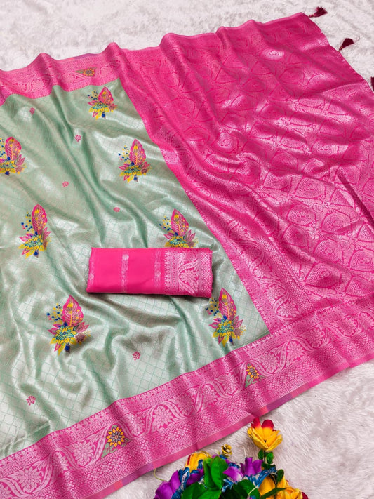 AJ-MAGNUS SOFT SILK SAREE WITH UNIQUE BUTTA MULTI THREAD DIGITAL TYPE WEAVING DESIGN IN BODY AND CONTRAST WITH SILVER JAREE AND BUTTI BLOUSE