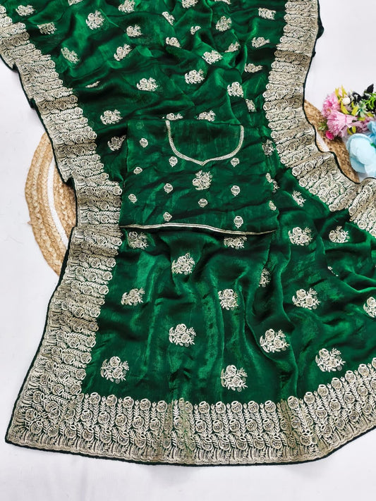 DF-SUPPORT FENDI CHIFFON SAREE WITH BEAUTIFUL HEAVY EMBORIDERY WORK WITH HEAVY BLOUSE