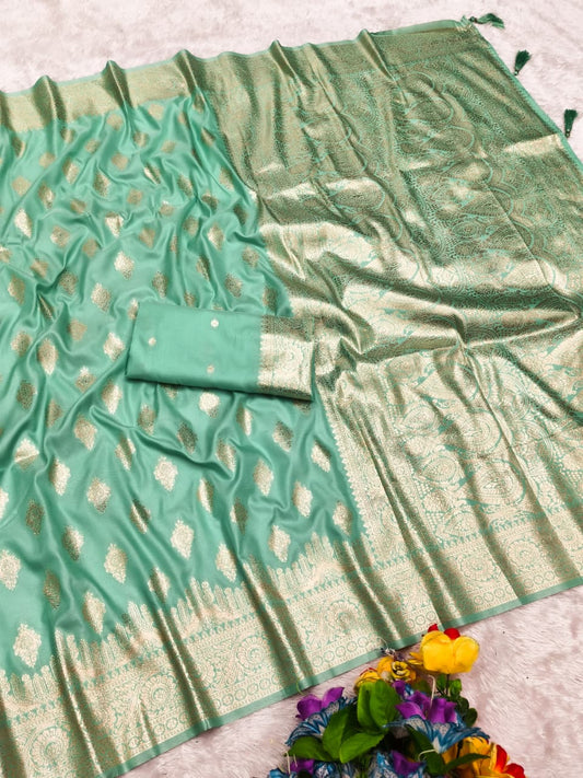 AJ-KATHAK-KALI SOFT 50/600 SILK WITH BANARASI JAREE WITH BEAUTIFUL LIGHT MATCHING ELEGANT DESIGN WITH TASSELS ATTACHED