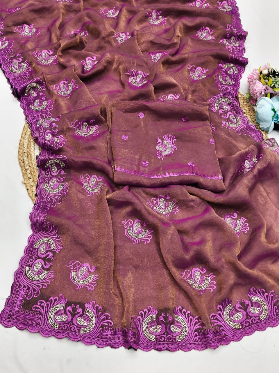 DF-DOUBLE-PEACOCK NC MOSS SAREE WITH BEAUTIFUL THREAD WORK WITH JARKAN WORK AND HEAVY BLOUSE