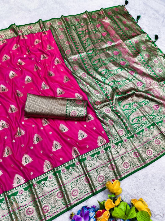 AJ-UDAY-VILLAS SOFT SILK 50/600 WITH RICH PALLU WITH BEAUTIFUL BODY DESIGN WITH CONTRAST BORDER WITH BROCADE BLOUSE