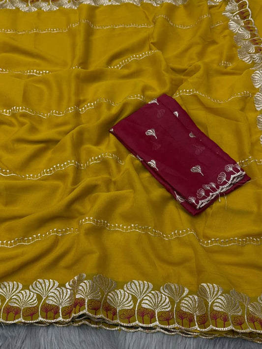 NN-2060 Newly launched STAR GEORGETTE with C-pallu work with Tone to tone heavy work blouse