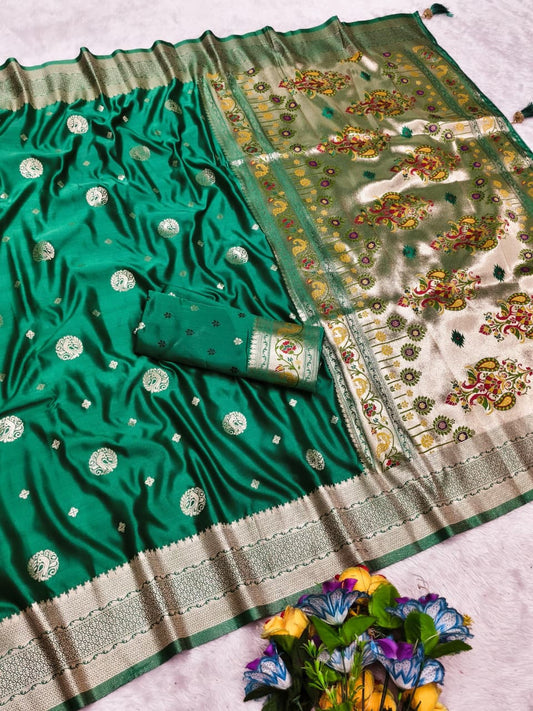 AJ-SATIN-ODISHA PAITHANI SATIN SILK SAREE WITH HEAVY RICH PALLU DESIGN WITH WITH PEACOCK ON BODY WITH SUPER CYC CATONIC COLORS 6.50 MTR CUT