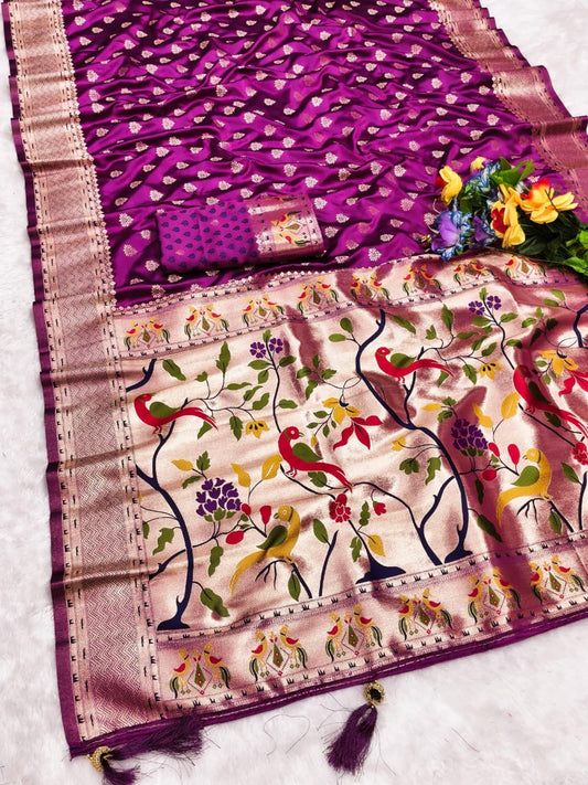 AJ-SATIN-NASHIK-PAITHANI PAITHANI SATIN SILK SAREE WITH BEAUTIFUL PEACOCK DESIGN RICH PALLU WITH CYC CATONIC COLOURS WITH HEAVY TASSELS