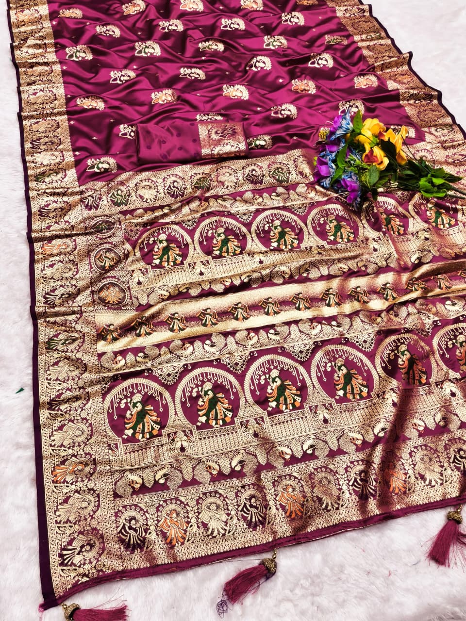 AJ-SATIN-KALAM SATIN SILK SAREE WITH BEAUTIFUL KALAMKARI DESIGN RICH PALLU WITH CYC CATONIC COLOURS WITH HEAVY TASSELS