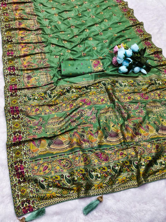 AJ-PASHMINA-BARAAT PASHMINA DOLA SILK SAREE WITH RICH PALLU TRADITIONAL WEAVING DESIGN WITH BEAUTIFUL PATLI DESIGN WITH HEAVY TASSELS AND DORI PIPING BORDER