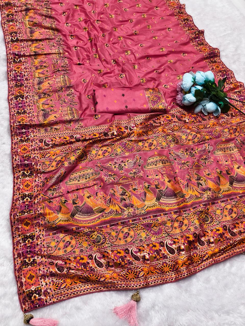 AJ-PASHMINA-BARAAT PASHMINA DOLA SILK SAREE WITH RICH PALLU TRADITIONAL WEAVING DESIGN WITH BEAUTIFUL PATLI DESIGN WITH HEAVY TASSELS AND DORI PIPING BORDER
