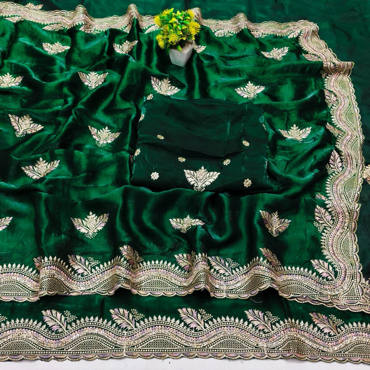 DF-CITY-TOP SATIN CHIFFON SAREE WITH BEAUTIFUL EMBROIDERY WORK WITH THREAD WORK AND HEAVY BLOUSE