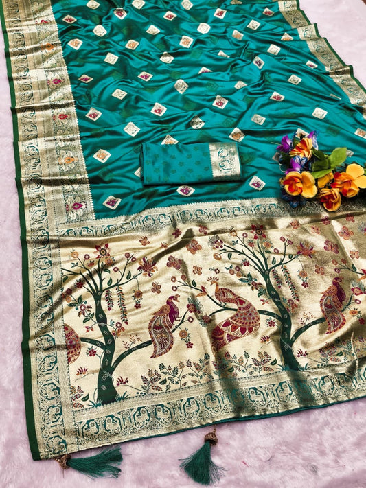 AJ-SATIN-QUALITY SATIN FABRIC SAREE WITH BEAUTIFULLY CRAFTED WITH THREAD AND EMBORIDERY WORK WITH WONDERFUL COLOURMATCHING ABSOLUTE MASTERPIECE