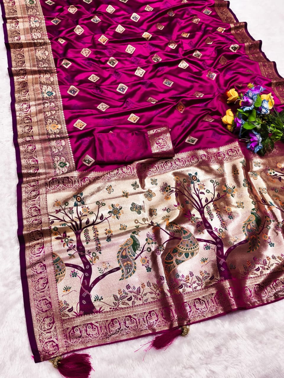 AJ-SATIN-QUALITY SATIN FABRIC SAREE WITH BEAUTIFULLY CRAFTED WITH THREAD AND EMBORIDERY WORK WITH WONDERFUL COLOURMATCHING ABSOLUTE MASTERPIECE