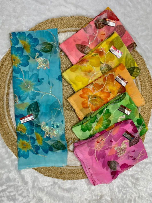 KAS-SIMRAN FANCY PRINTED SAREE WITH HEAVY SEQUENCE WORK GAJRAJ DESIGN