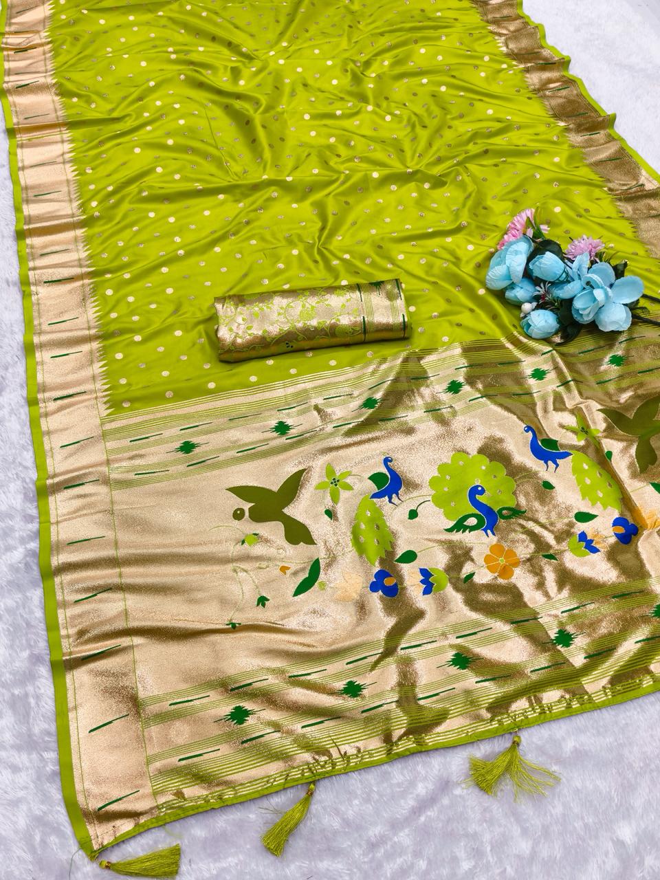 AJ-PUMPUM-PAITHANI PAITHANI SILK SAREE WITH RICH PALLU AND HEAVY BORDER PAITHANI WITH MUNIYA DESIGN BODY WITH BROCADE BLOUSE