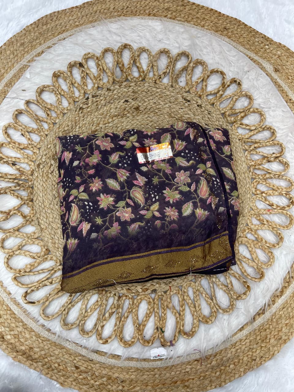 KAS-SUNSHINE FANCY PRINTED SAREE WITH VISCOS PATTA WITH DMC SIROSKI WORK