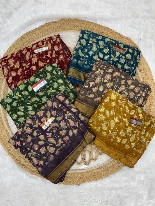 KAS-SUNSHINE FANCY PRINTED SAREE WITH VISCOS PATTA WITH DMC SIROSKI WORK