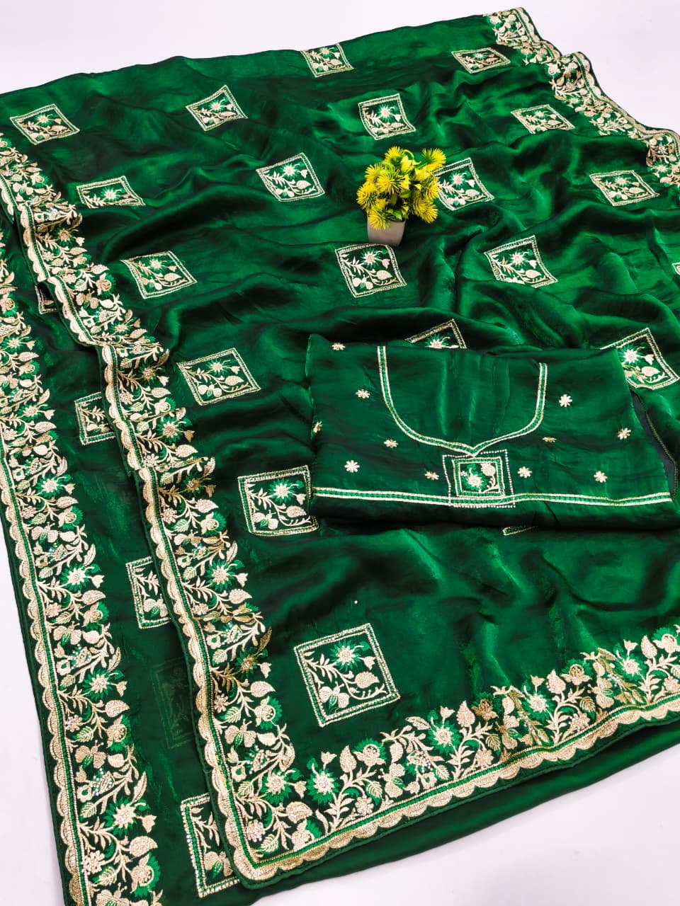 DF-JINAL FENDI SATIN SAREE WITH C PALLU EMBORIDERY WORK WITH BOX BUTTA DESIGN ON BODY WITH THREAD WORK AND HEAVY BLOUSE