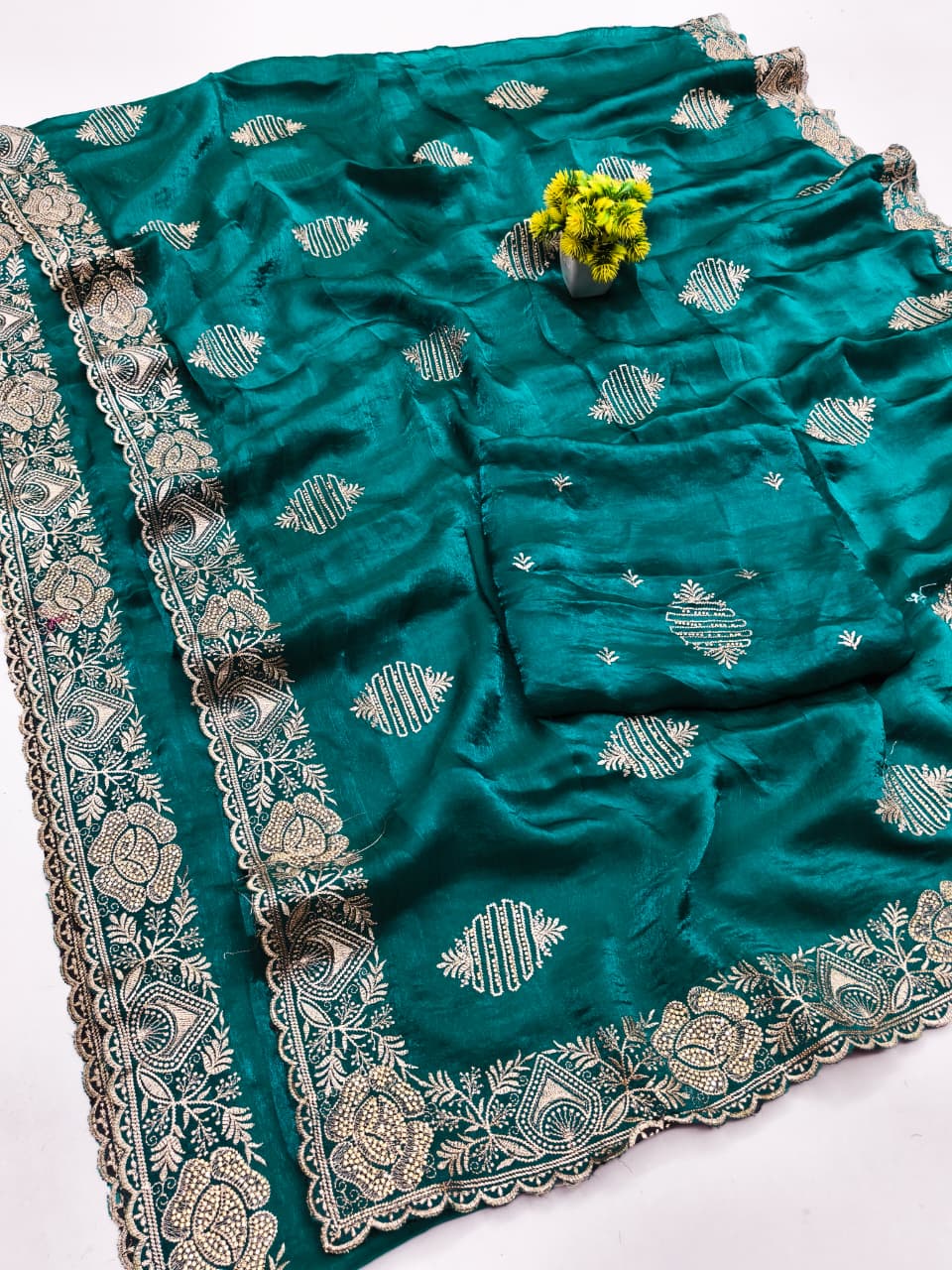 DF-PRATIKSHA FENDI SATIN SAREE WITH C PALLU EMBORIDERY WORK WITH BOX BUTTA DESIGN ON BODY WITH THREAD WORK AND HEAVY BLOUSE