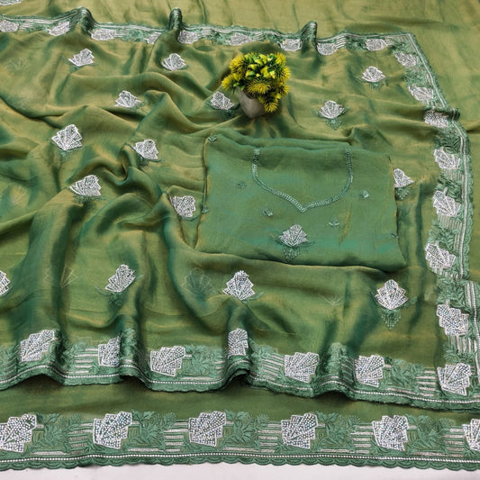 DF-TANK NC MOSS SAREE WITH EMBORIDERY THREAD WORK WITH JARKAN WORK AND HEAVY BLOUSE