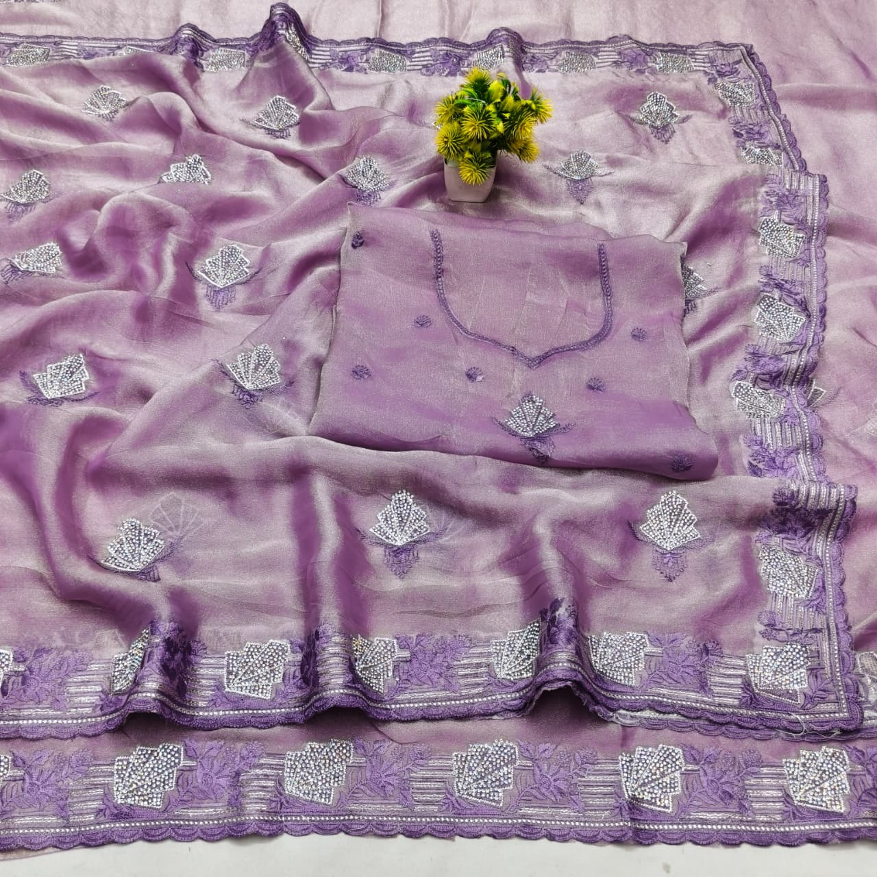 DF-TANK NC MOSS SAREE WITH EMBORIDERY THREAD WORK WITH JARKAN WORK AND HEAVY BLOUSE