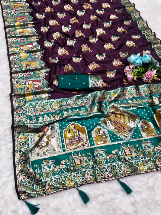 AJ-SEETA SOFT SILK SAREE WITH POSITION PRINT STYLE WEAVING DESIGN HEAVY WORK WITH RICH PALLU WITH TASSELS