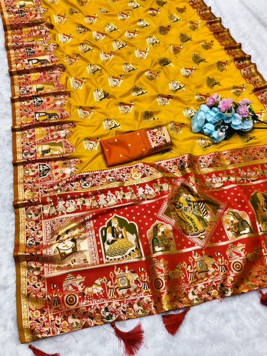 AJ-SEETA SOFT SILK SAREE WITH POSITION PRINT STYLE WEAVING DESIGN HEAVY WORK WITH RICH PALLU WITH TASSELS