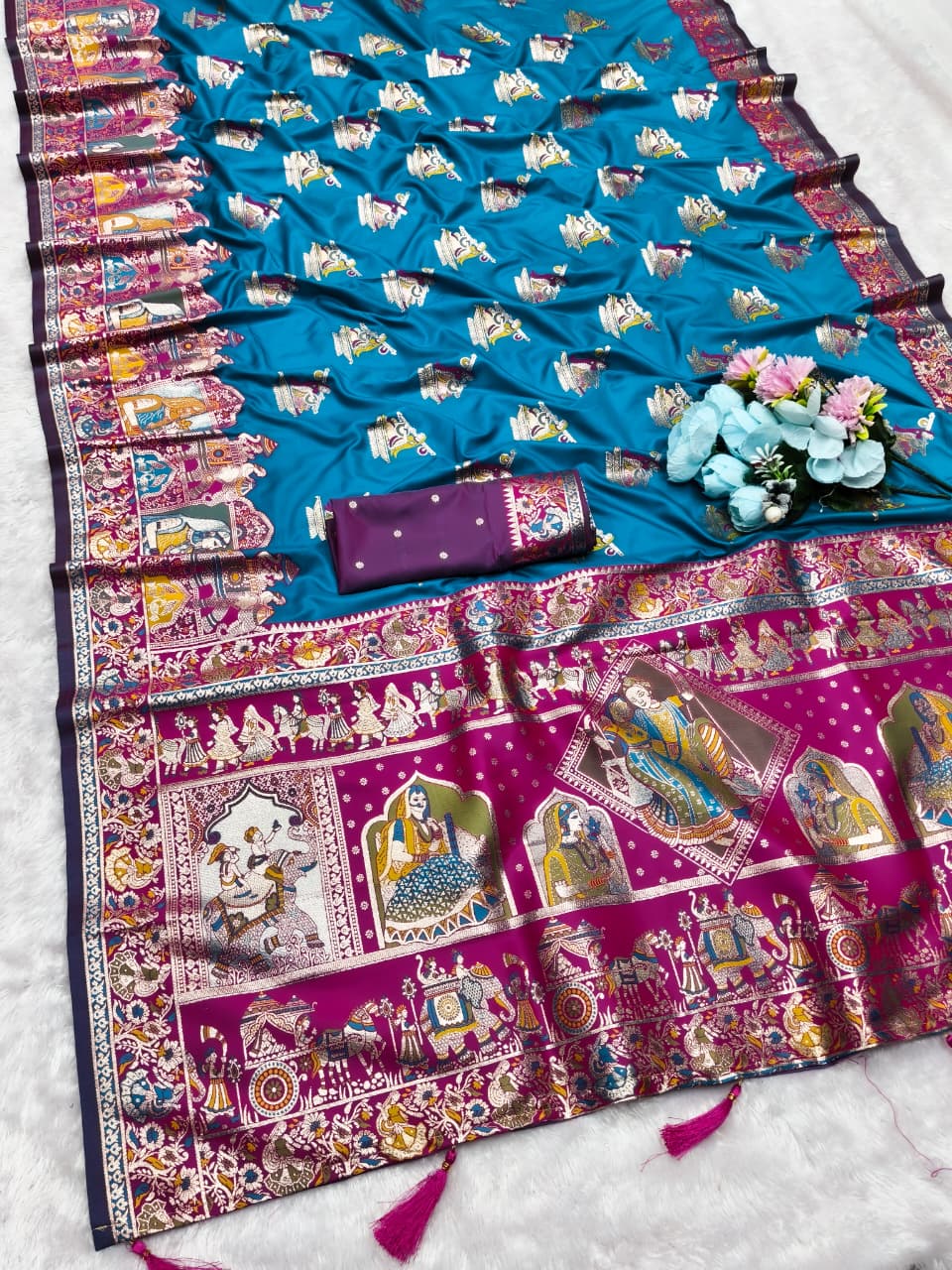 AJ-SEETA SOFT SILK SAREE WITH POSITION PRINT STYLE WEAVING DESIGN HEAVY WORK WITH RICH PALLU WITH TASSELS