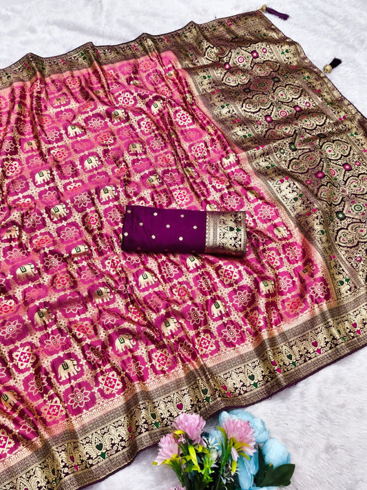 AJ-SATIN-GHARCHOLA SATIN SILK SAREE WITH GHATCHOLA BANDANI DESIGN WITH CHAAP DYING WITH CONTRAST BORDER WITH LUXURY TASSELS