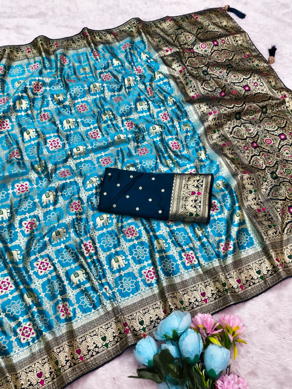 AJ-SATIN-GHARCHOLA SATIN SILK SAREE WITH GHATCHOLA BANDANI DESIGN WITH CHAAP DYING WITH CONTRAST BORDER WITH LUXURY TASSELS