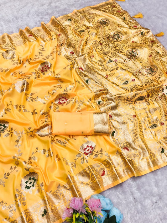 AJ-MOHINI SOFT 50/600 SILK WITH BANARASI JAREE WITH BEAUTIFUL LIGHT MATCHING ELEGANT DESIGN WITH HEAVY JHAL WORK