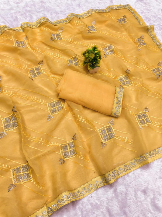 DF-SHRAVAN SIMMER SAREE WITH EMBORIDERY WORK WITH THREAD AND DIAMOND WORK