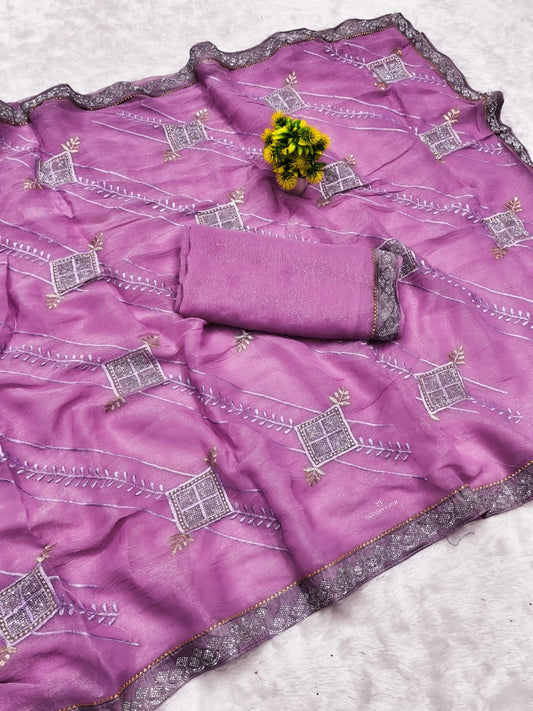 DF-SHRAVAN SIMMER SAREE WITH EMBORIDERY WORK WITH THREAD AND DIAMOND WORK