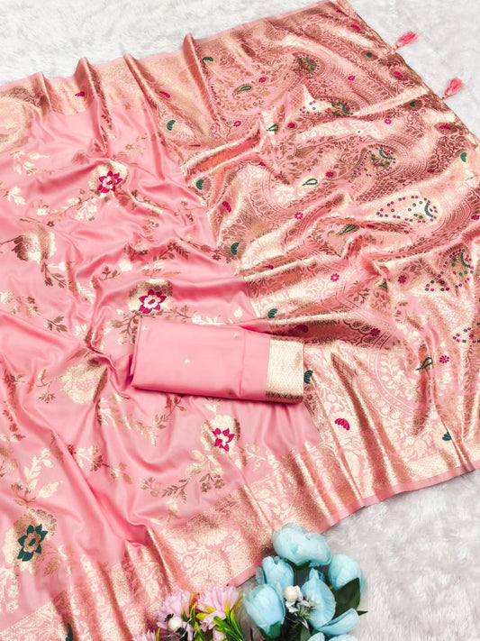 AJ-MOHINI SOFT 50/600 SILK WITH BANARASI JAREE WITH BEAUTIFUL LIGHT MATCHING ELEGANT DESIGN WITH HEAVY JHAL WORK