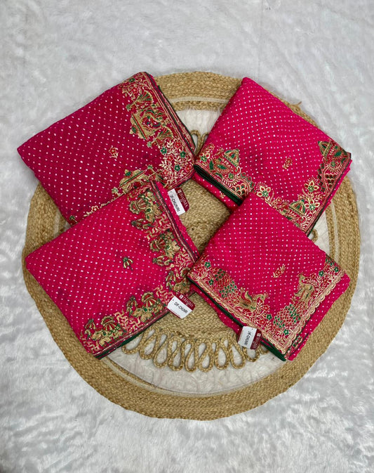 DF-CHUNRI CYC BANDANI SAREE WITH FOIL AND HEAVY EMBRODIERY WORK WITH DMC SIROSKI WITH CONTRAST PIPING AND BLOUSE