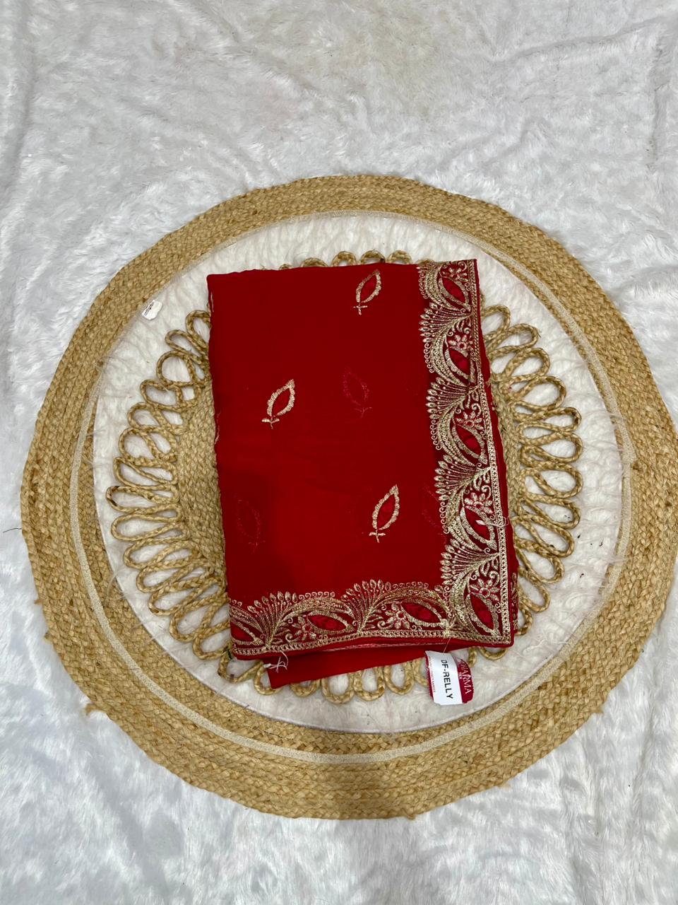 DF-RELLY SIMMER SAREE WITH BEAUTIFUL HEAVY EMBORIDERY WORK WITH THREAD WORK