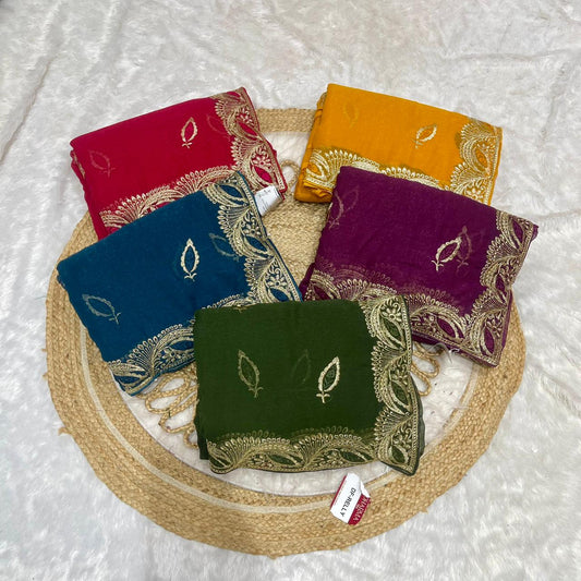 DF-RELLY SIMMER SAREE WITH BEAUTIFUL HEAVY EMBORIDERY WORK WITH THREAD WORK