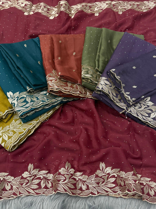 NN-2074 Star georgette fabric with beautiful C-pallu embroidery with siroski allover saree with Tone to tone embroidary work blouse