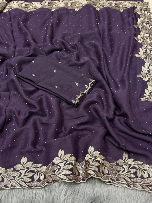 NN-2074 Star georgette fabric with beautiful C-pallu embroidery with siroski allover saree with Tone to tone embroidary work blouse