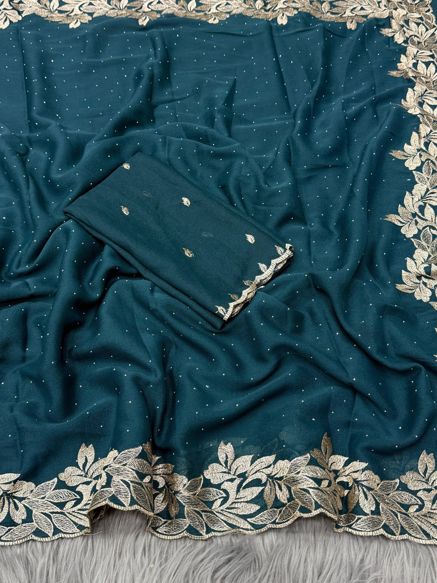 NN-2074 Star georgette fabric with beautiful C-pallu embroidery with siroski allover saree with Tone to tone embroidary work blouse