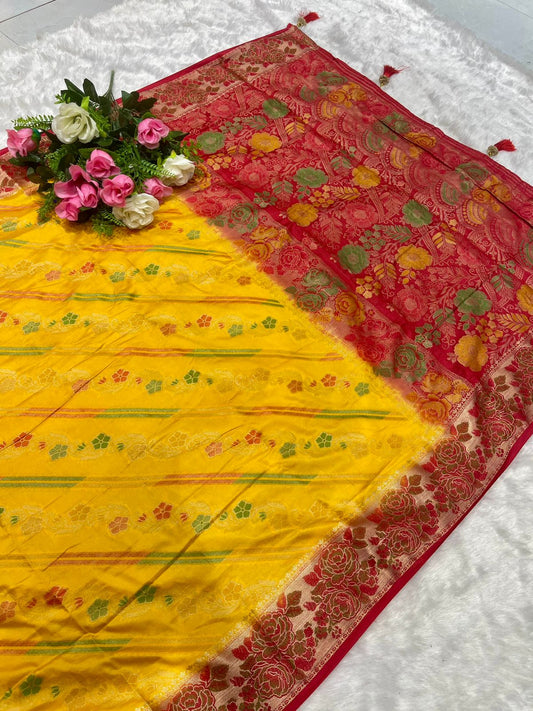AJ-BAHUBALI MONICA SILK SAREE WITH 2D DYING WITH FLOWER ELEGANT RICH PALLU WITH BEAUTFIUL LAHERIA DESIGN ON BODY WITH HEAVY BLOUSE