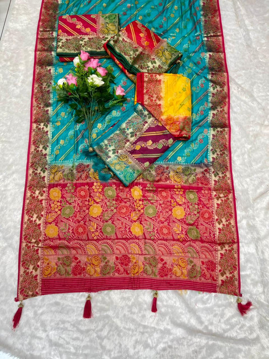 AJ-BAHUBALI MONICA SILK SAREE WITH 2D DYING WITH FLOWER ELEGANT RICH PALLU WITH BEAUTFIUL LAHERIA DESIGN ON BODY WITH HEAVY BLOUSE