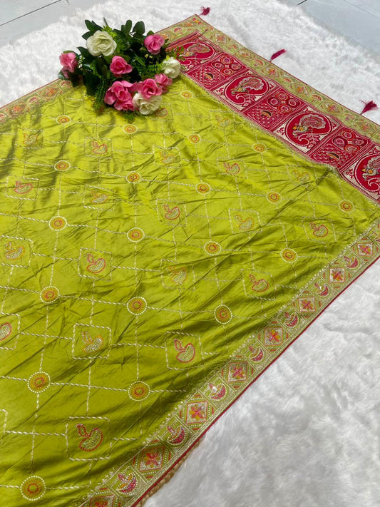 BS-RADHIKA SATIN KANJIVARAM SILK GHATCHOLA GUJRATI DESIGN WITH RICH PALLI AND BEAUTFIUL BODY DESIGN WITH CONTRAST BLOUSE WITH HEAVY WORK