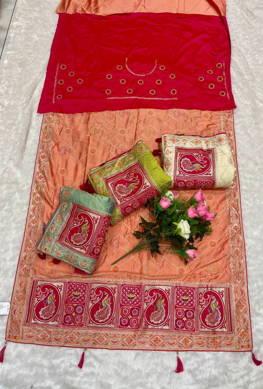 BS-RADHIKA SATIN KANJIVARAM SILK GHATCHOLA GUJRATI DESIGN WITH RICH PALLI AND BEAUTFIUL BODY DESIGN WITH CONTRAST BLOUSE WITH HEAVY WORK