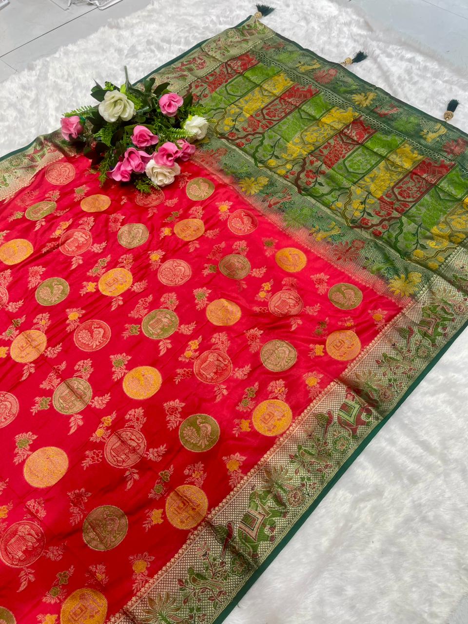 AJ-MARIO MONICA SILK SAREE WITH 2D DYING WITH FLOWER ELEGANT RICH PALLU WITH BEAUTFIUL GAJRAJ PEACOCK DESIGN ON BODY WITH HEAVY BLOUSE