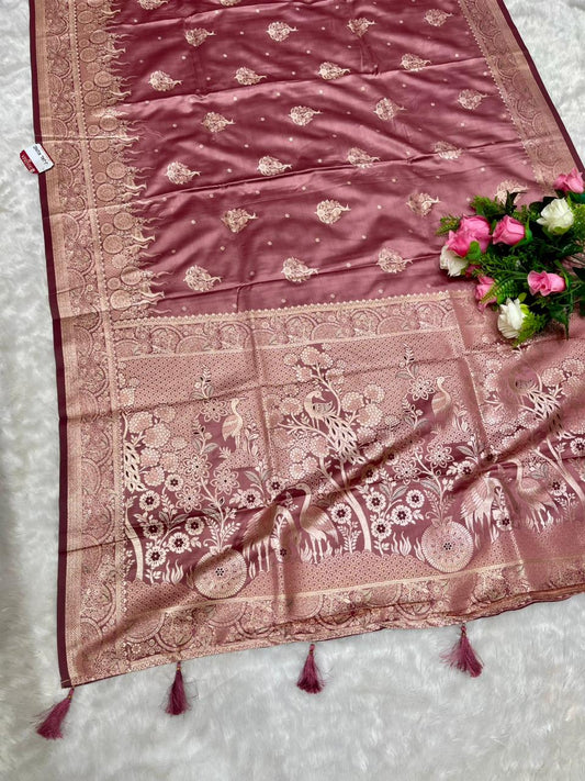 AJ-JAL KUND SATIN SILK SAREE WITH DUSTY MATCHING WITH RICH PALLU DESIGN WITH SWAN PATLI DESIGN WITH BUTTI BLOUSE