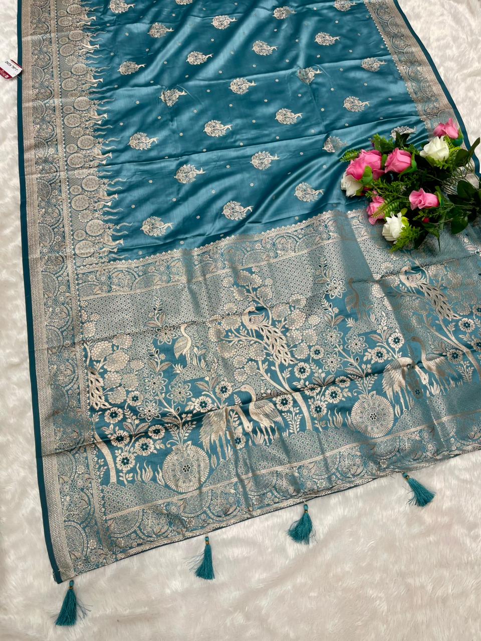 AJ-JAL KUND SATIN SILK SAREE WITH DUSTY MATCHING WITH RICH PALLU DESIGN WITH SWAN PATLI DESIGN WITH BUTTI BLOUSE