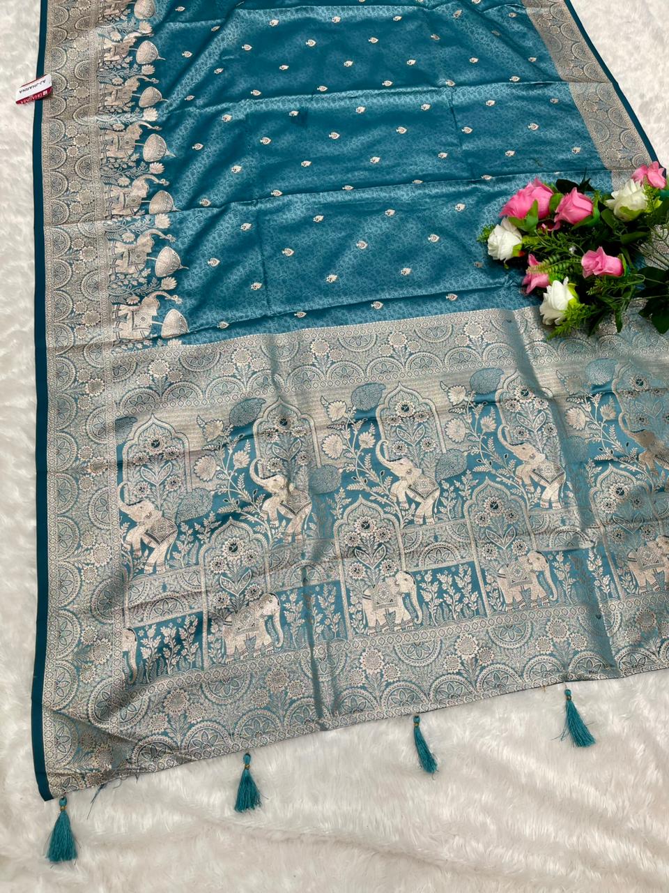 AJ-JHARNA SATIN SILK SAREE WITH DUSTY MATCHING WITH RICH PALLU DESIGN WITH GAJRAJ PATLI DESIGN WITH BUTTI BLOUSE
