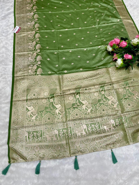 AJ-JHARNA SATIN SILK SAREE WITH DUSTY MATCHING WITH RICH PALLU DESIGN WITH GAJRAJ PATLI DESIGN WITH BUTTI BLOUSE