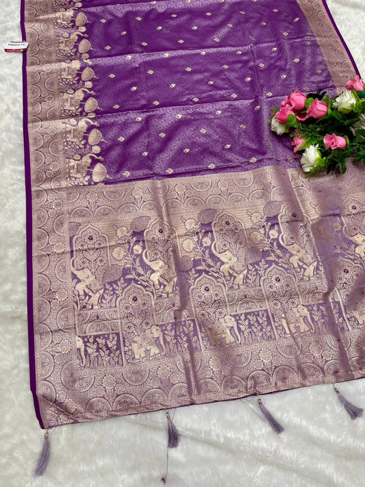 AJ-JHARNA SATIN SILK SAREE WITH DUSTY MATCHING WITH RICH PALLU DESIGN WITH GAJRAJ PATLI DESIGN WITH BUTTI BLOUSE