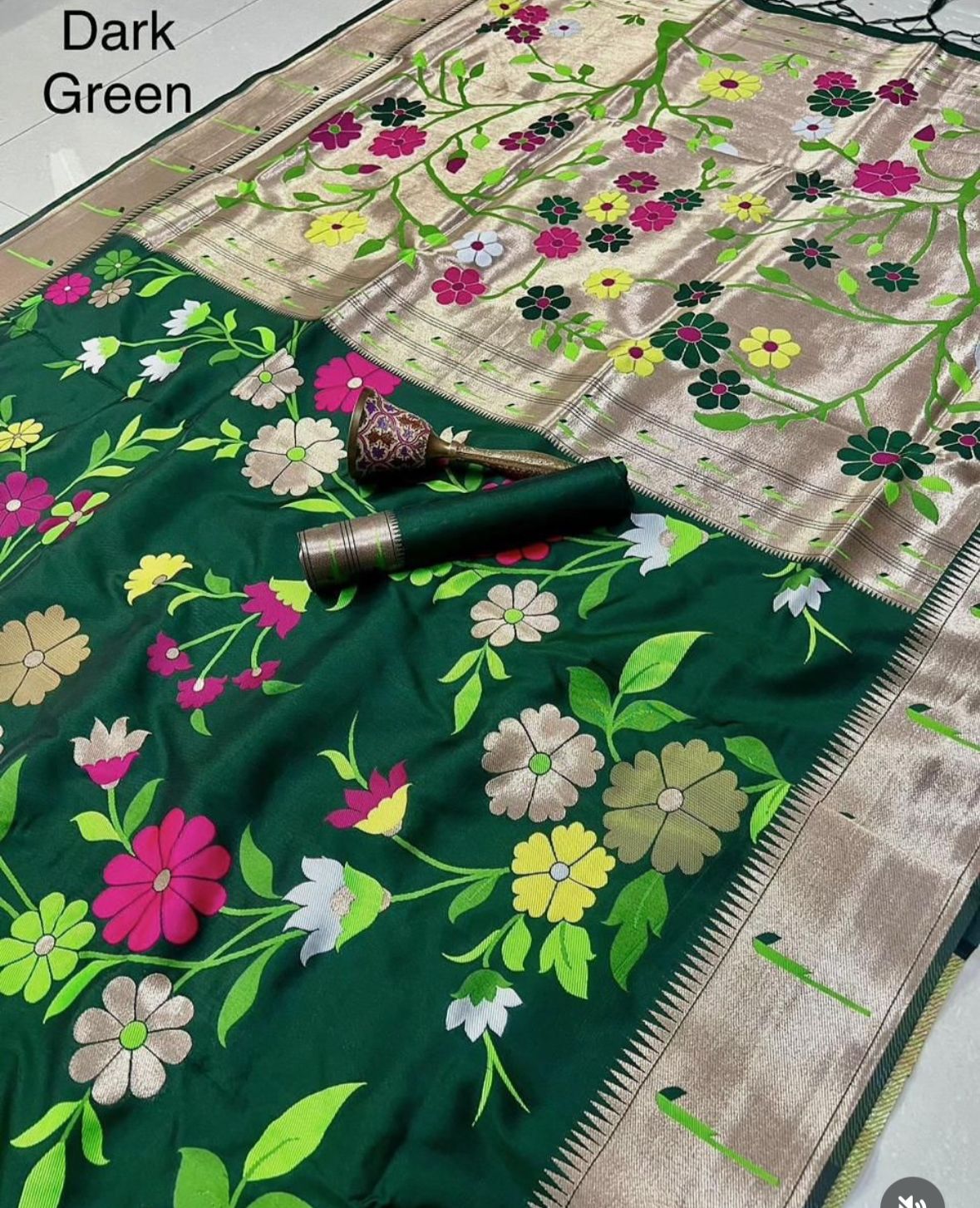 AJ-MANDAKINI SOFT SILK 50/600 WITH RICH PALLU AND PAITHANI BORDER WITH MULTI FLOWER DESIGN VIRAL ONLINE DESIGN