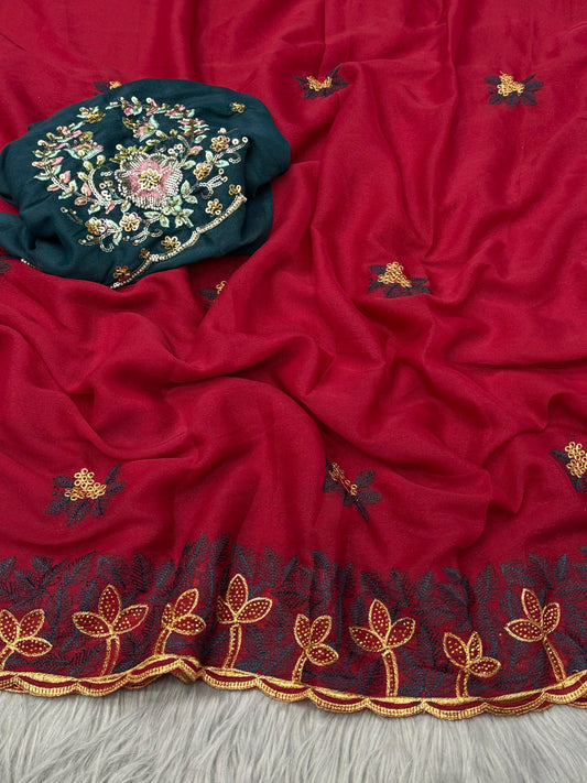 NN-2076 Star georgett fabric with c-pallu work with siroski work on it with Star Georgett fabric with contrast orignal handwork blouse